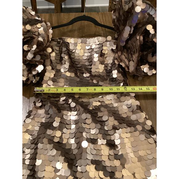 LEO LIN Brenda Gold Brown Sequin Puff Sleeve Statement Piece Mini Dress US 2 NWT - Picture 7 of 11